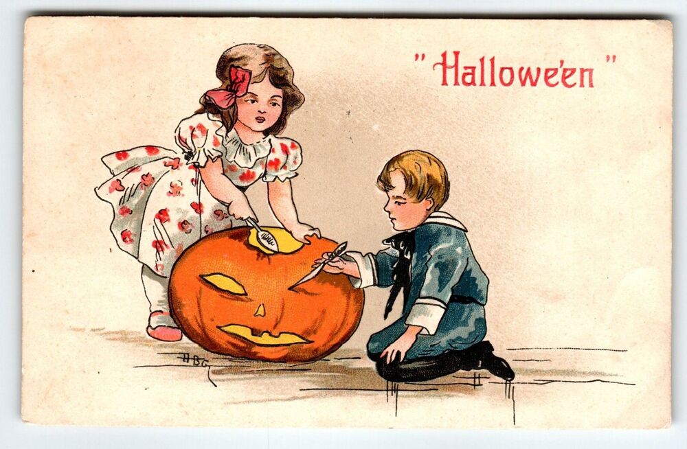 Halloween Postcard HBG HB Griggs Children Carving JOL Pumpkin 1908 Germany 2214